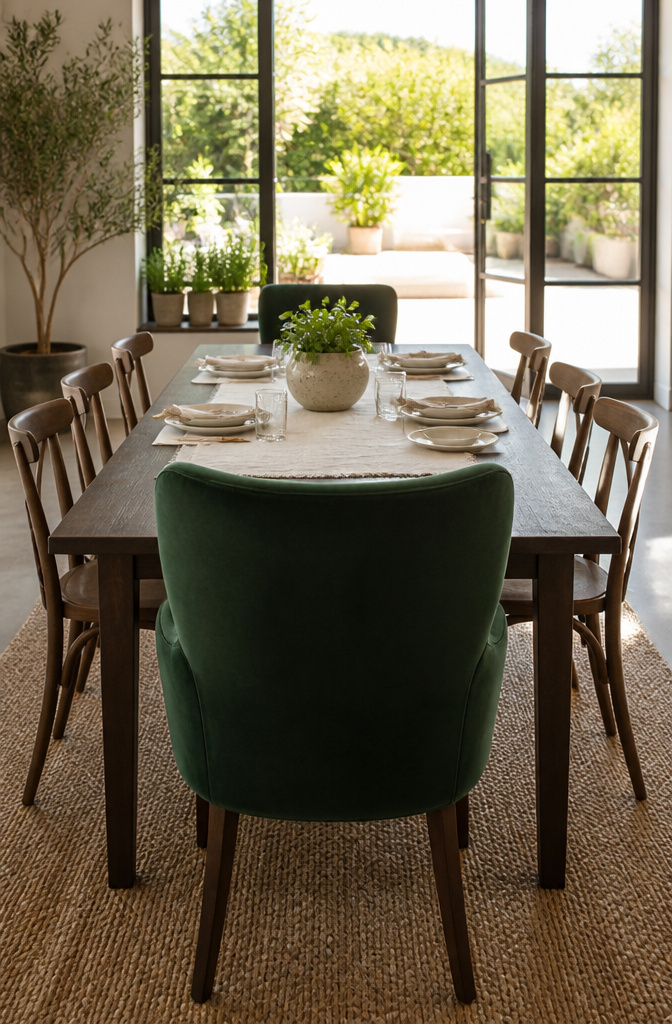Two distinct chairs at the ends of a dining table with matching side chairs.