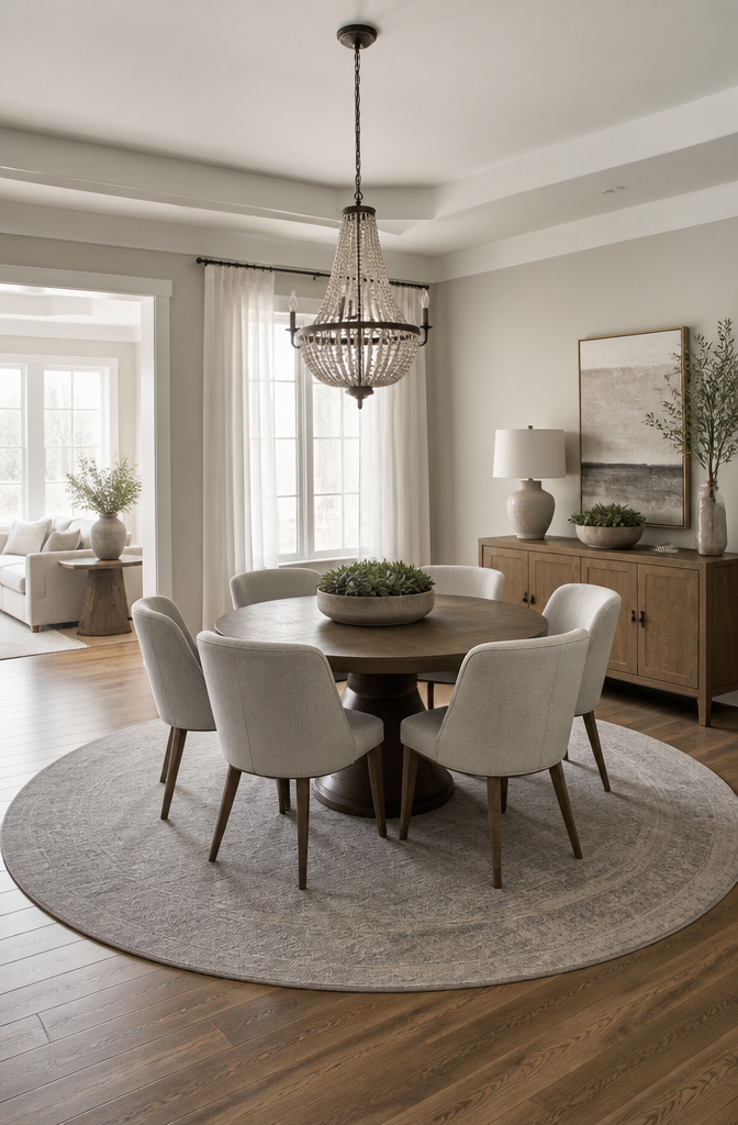 A round dining table surrounded by matching chairs.
