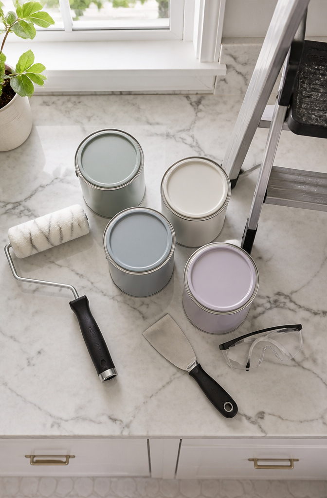 Supplies for painting a bathroom ceiling, including paint and tools.