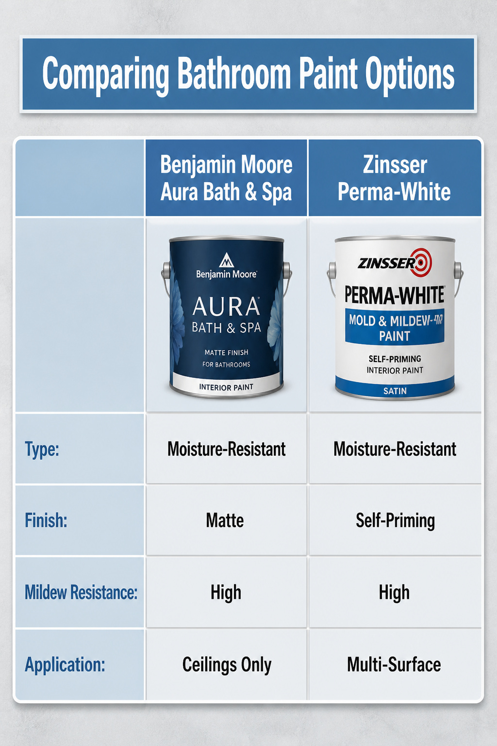 Comparison of bathroom paint options for ceiling applications.