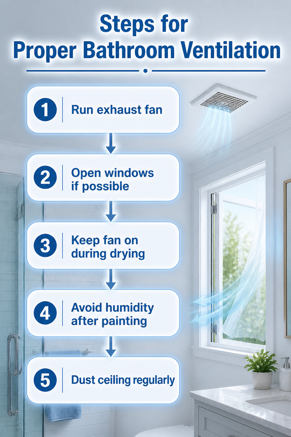 Steps for ensuring proper ventilation in a bathroom during painting.