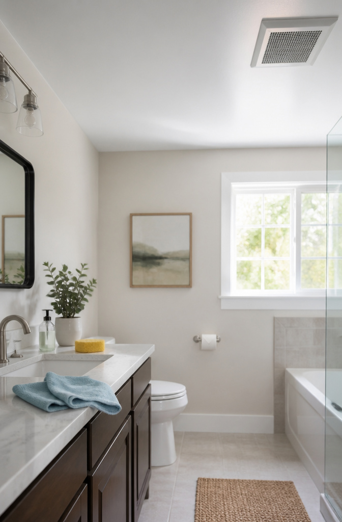 Microfiber cloth and sponge for cleaning a bathroom ceiling.