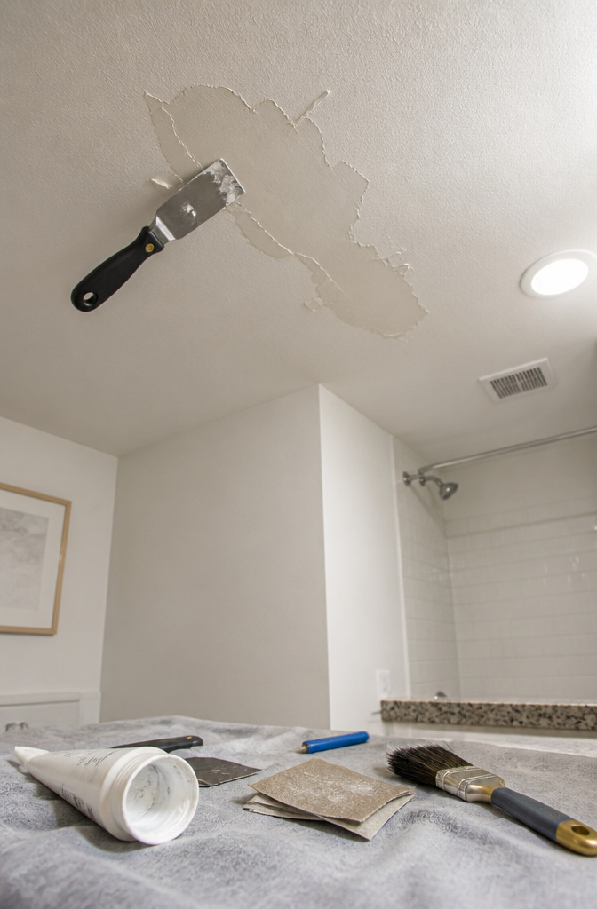 Putty knife gliding over a patch of peeling paint on a ceiling.
