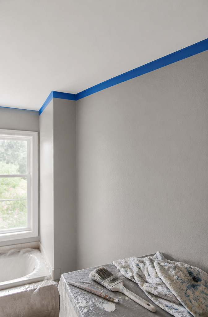 Painter's tape along the edge where the ceiling meets the wall.
