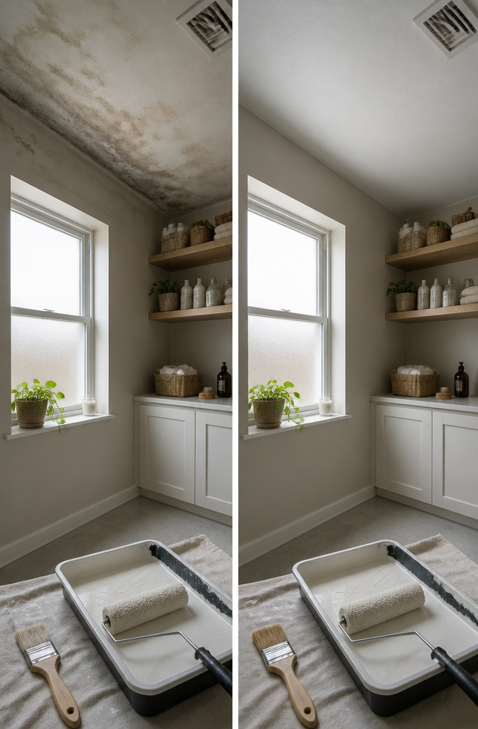 Primer being applied to a bathroom ceiling before paint.
