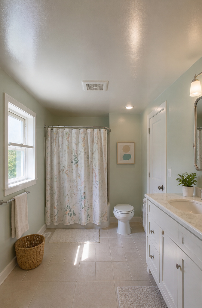 Freshly painted ceiling drying in a bathroom.