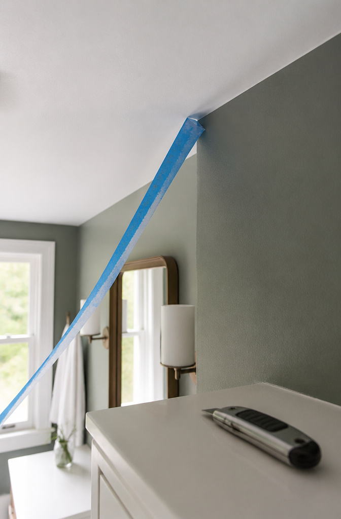 Tape being removed from a freshly painted ceiling edge.