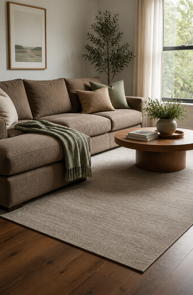 A low-pile synthetic rug under a sectional sofa in a modern living room.