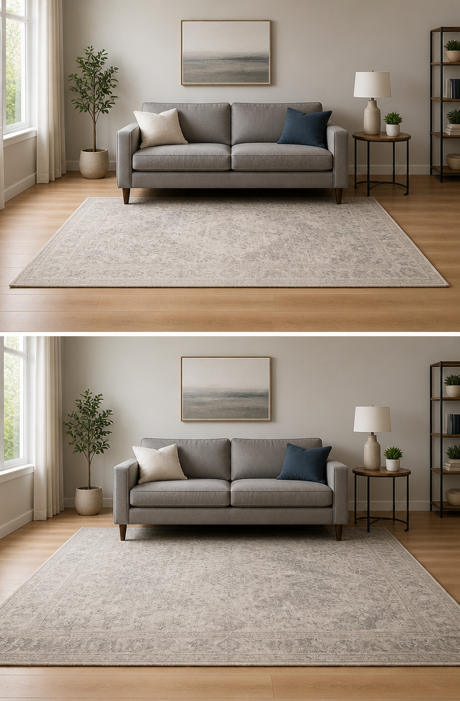 A large rug positioned under a sofa with space on each side.