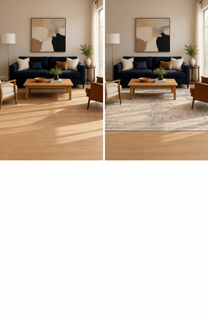 A sofa with all legs resting on a large area rug.