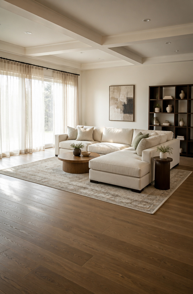 A rug placed under the front legs of a sofa.