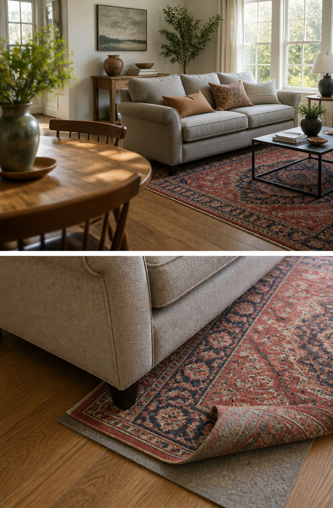 A person adjusting the position of a rug in a living room.