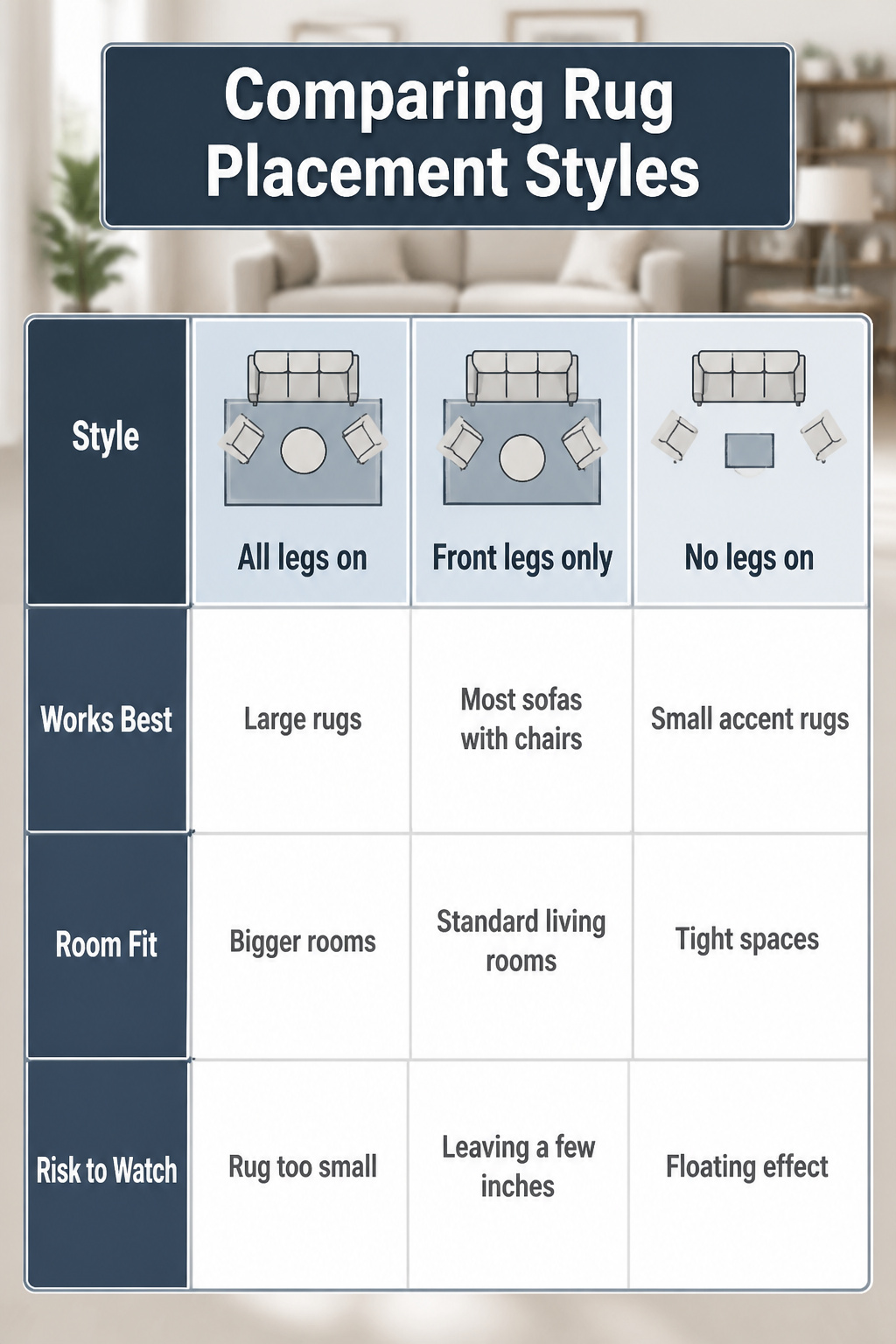 An infographic comparing different rug placement styles.