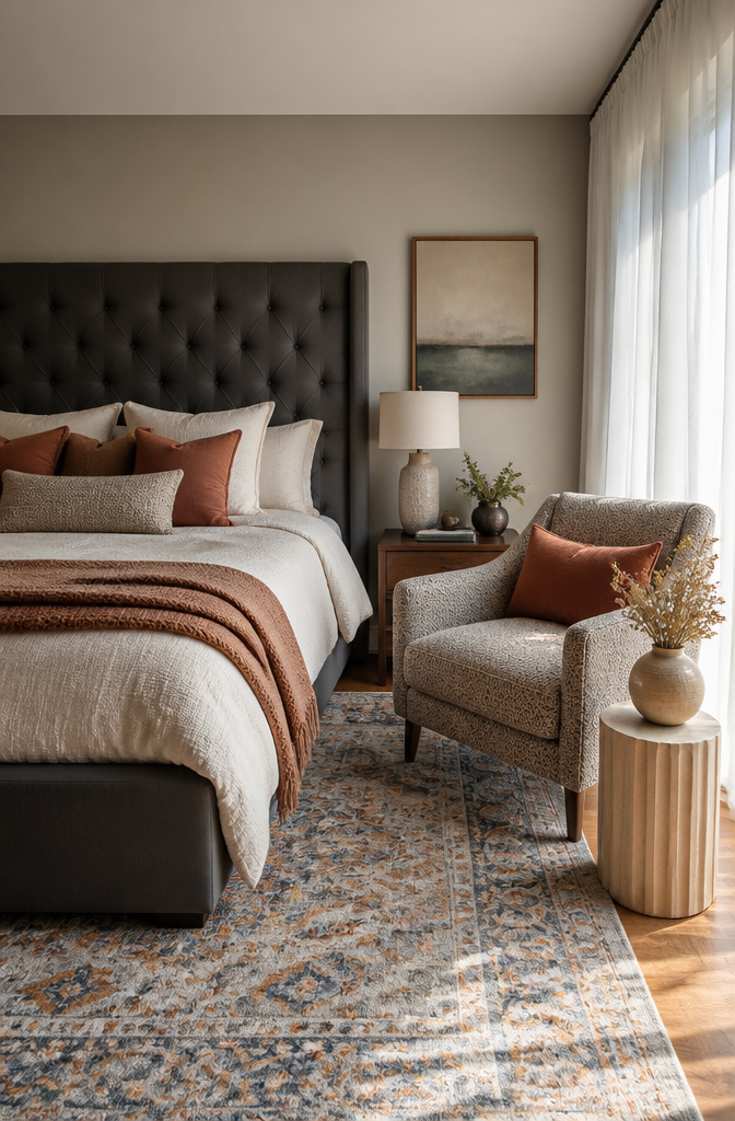 A bedroom with upholstered furniture and soft furnishings.