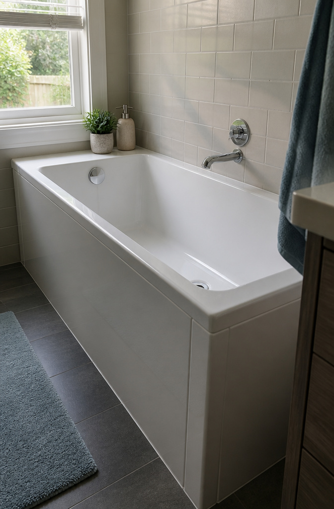 A standard bathtub highlighting its height and interior depth.