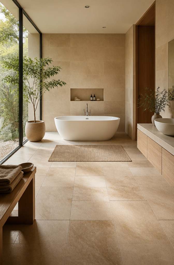 A freestanding bathtub showcasing its width and elegant style.