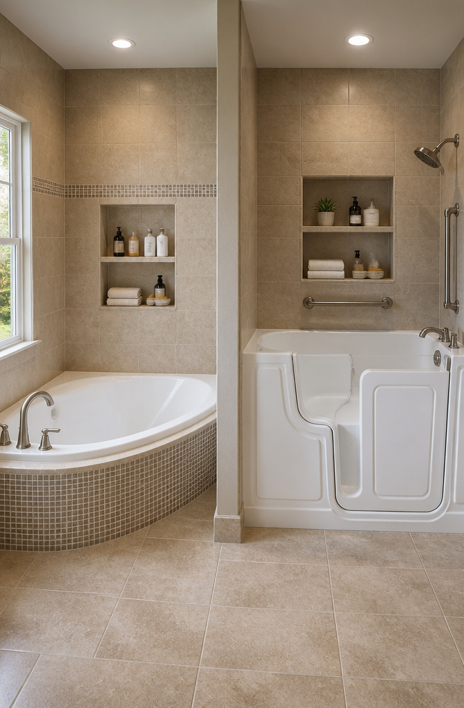 A corner bathtub demonstrating its triangular design and dimensions.