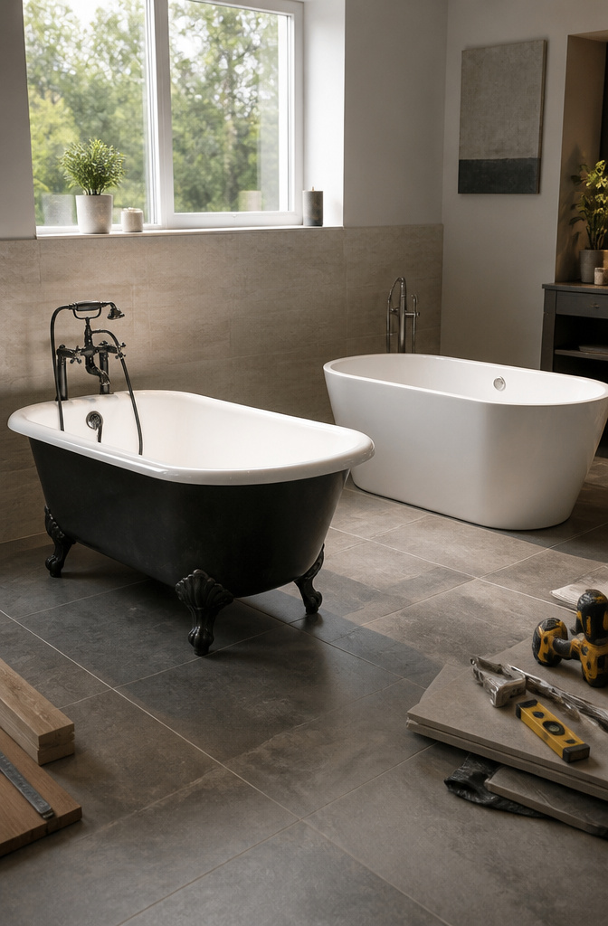 A heavy cast iron bathtub alongside a lightweight acrylic model.