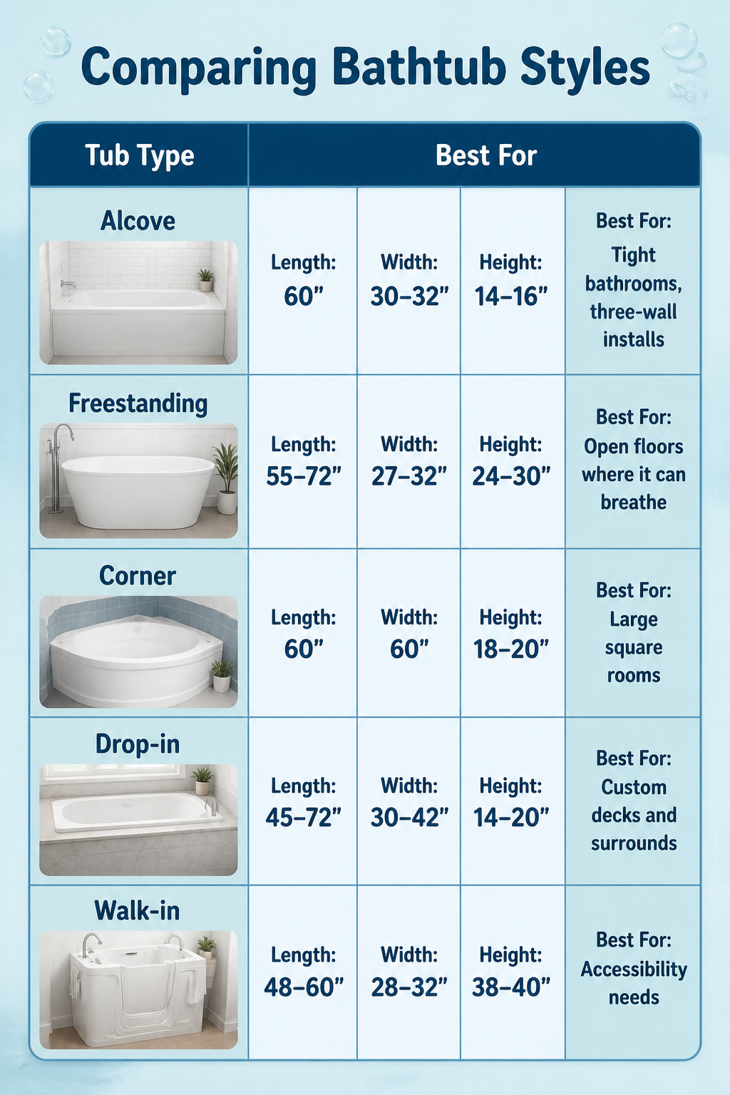 A comparison chart of different bathtub styles and their specifications.