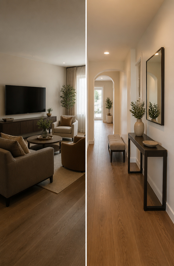 A living room filled with comfortable furniture and a hallway.