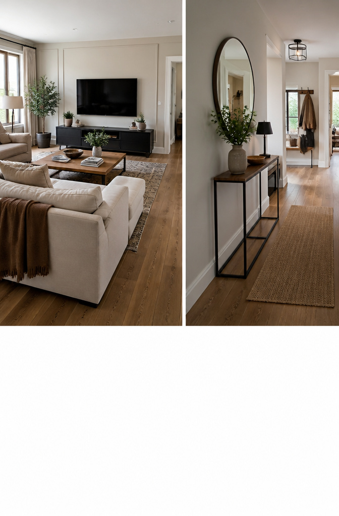 Furniture arranged for comfort in a living room and a hall.