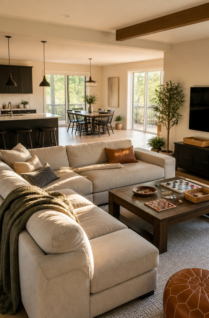 A modern living room with a sectional sofa and an open layout.