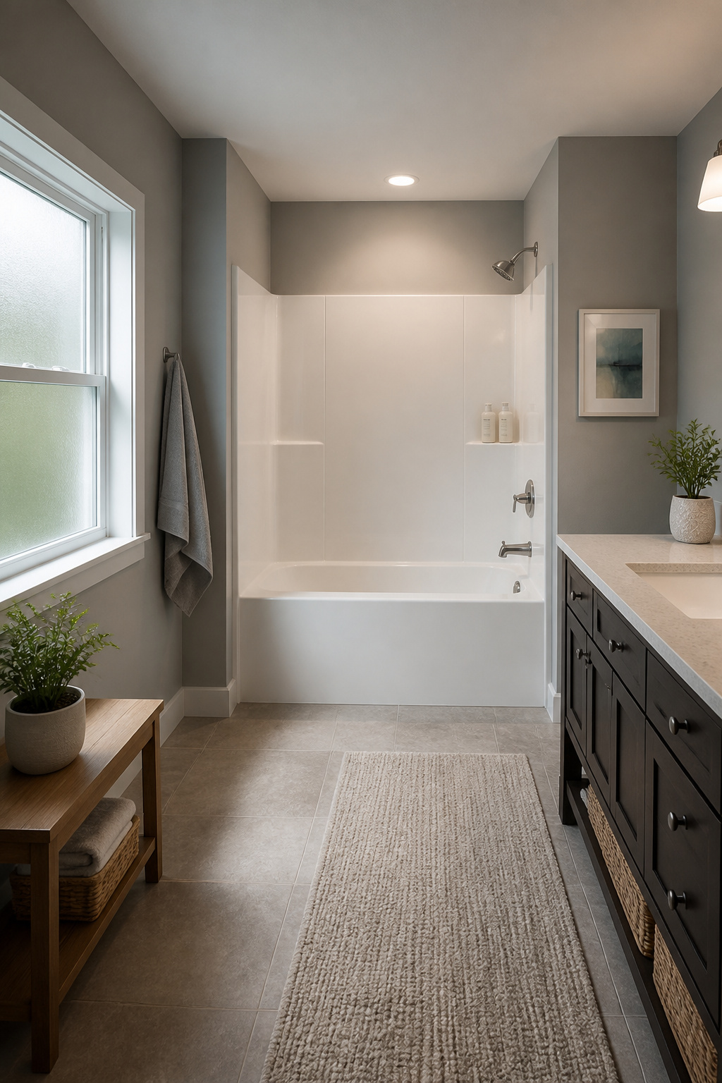 An alcove tub-shower combo installed in a small bathroom space.