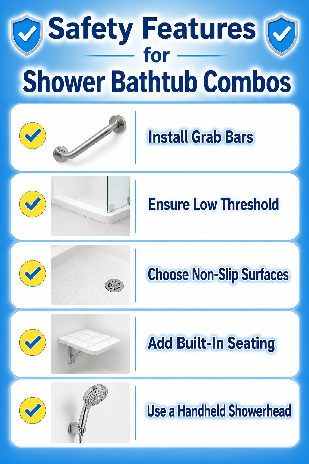 Safety features for shower bathtub combos, including grab bars and seating.