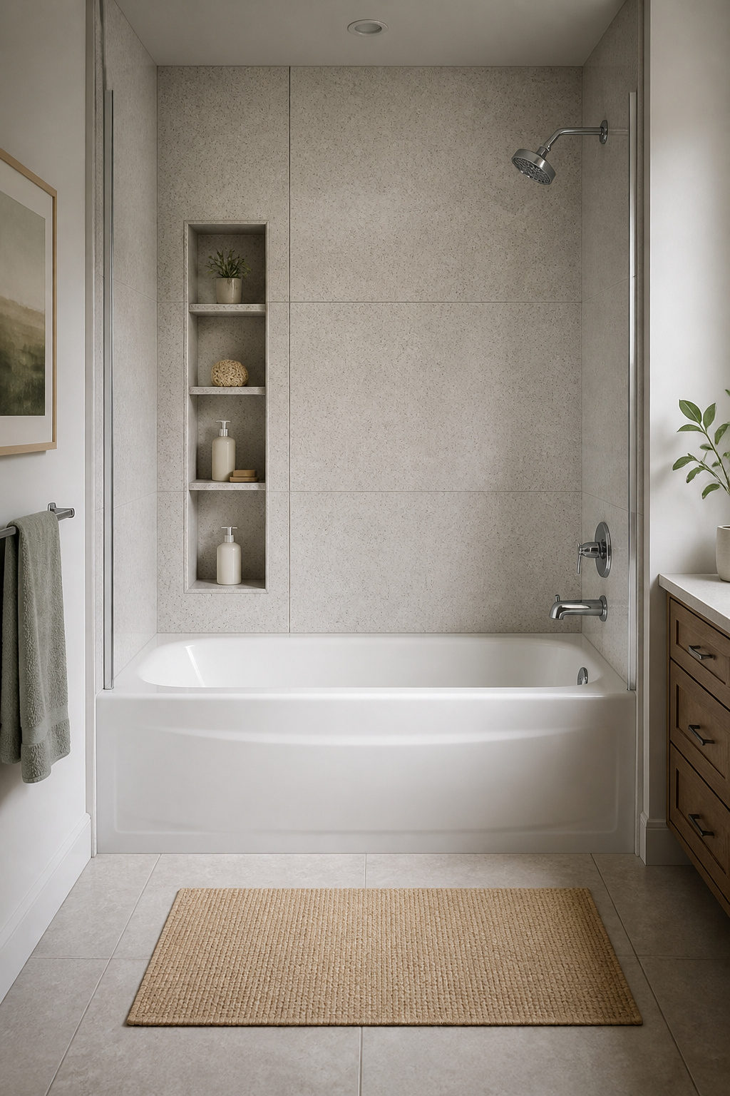 A sleek tub-shower combo with engineered stone tiles and integrated shelves.