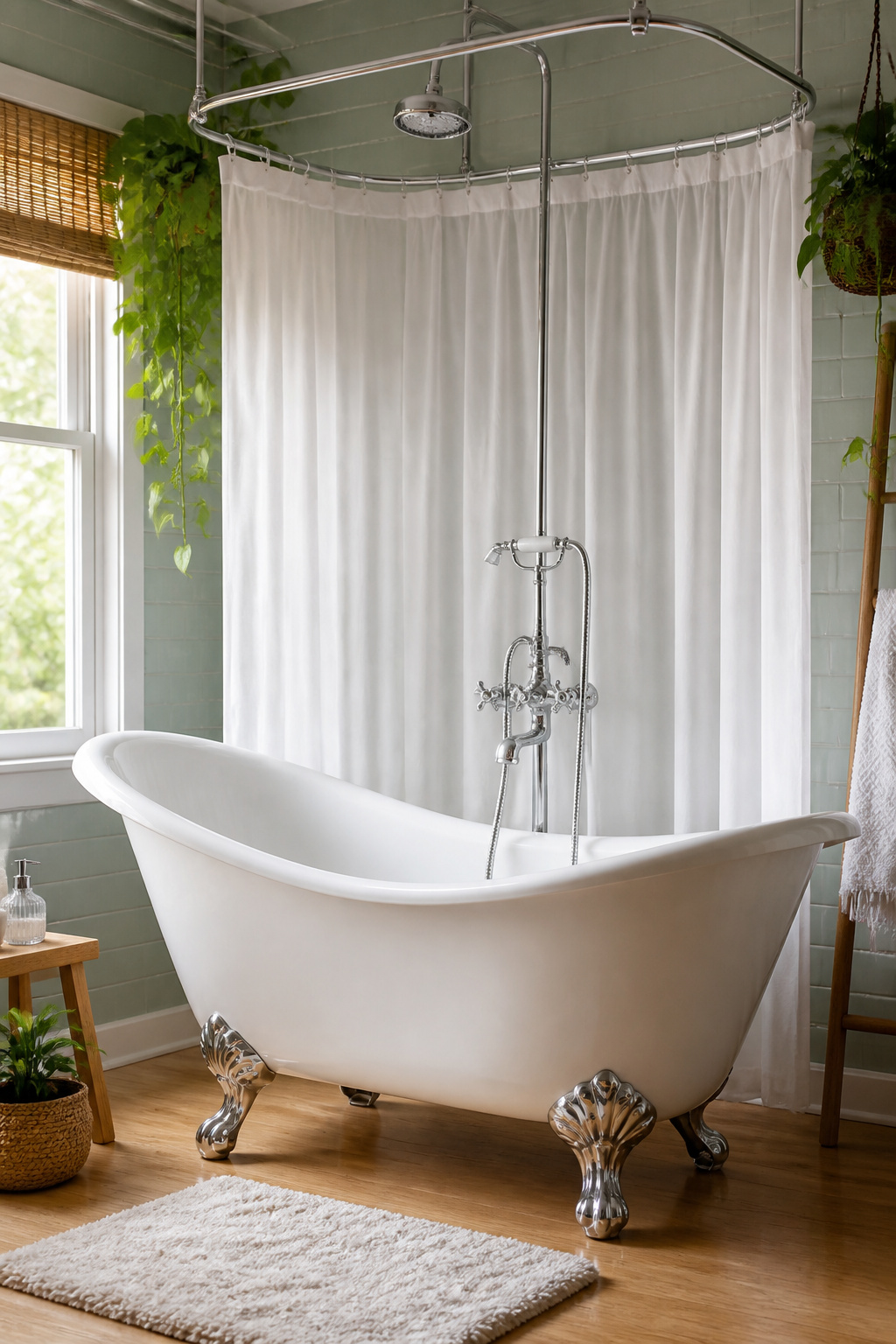 A freestanding clawfoot tub with a shower ring and chrome fixtures.