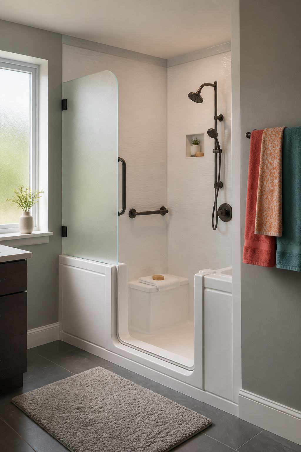 A walk-in tub-shower combo with built-in seating and grab bars.