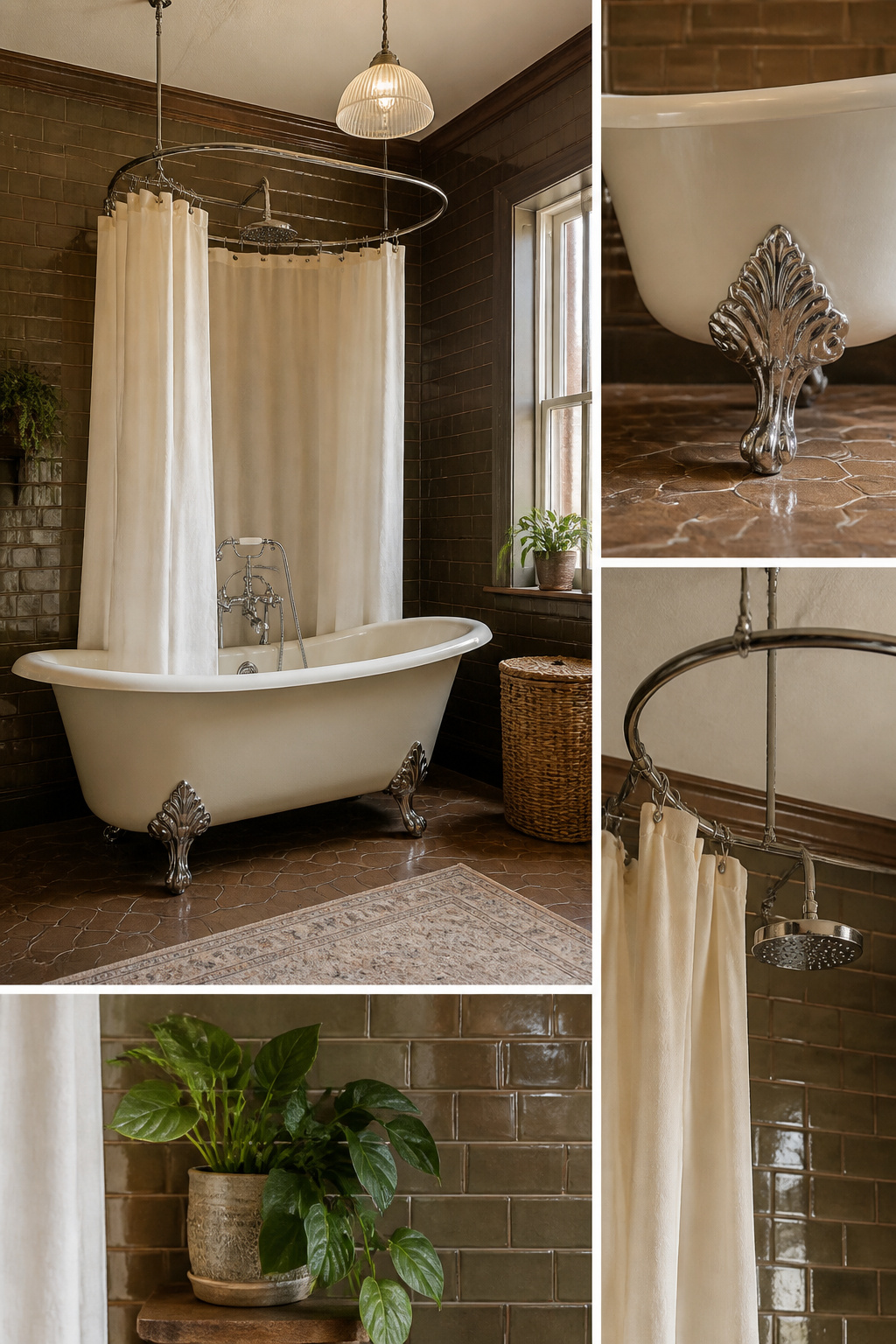 A clawfoot tub with a shower ring and chrome fixtures around it.
