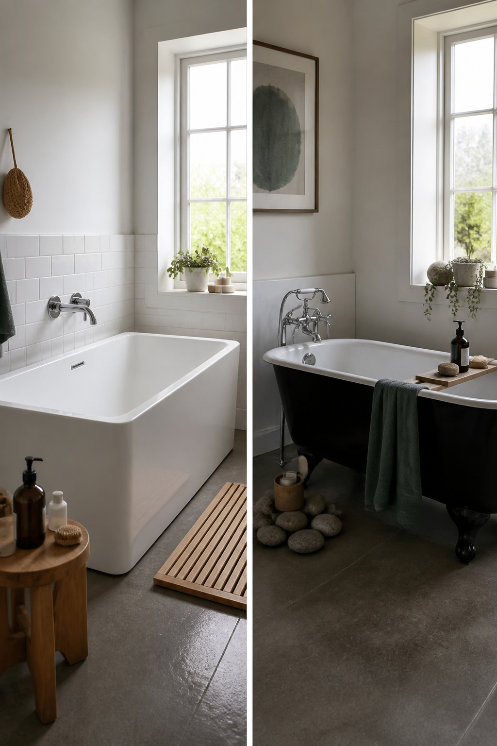 A side-by-side view of acrylic and cast iron bathtubs.