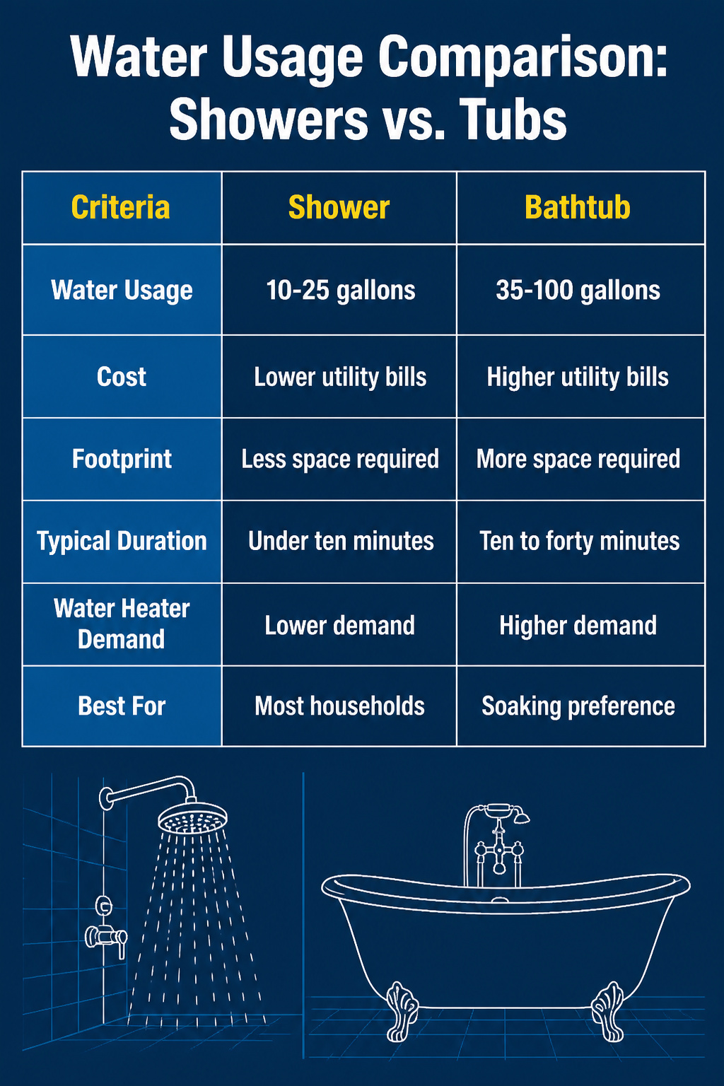 An infographic comparing water usage between showers and tubs.