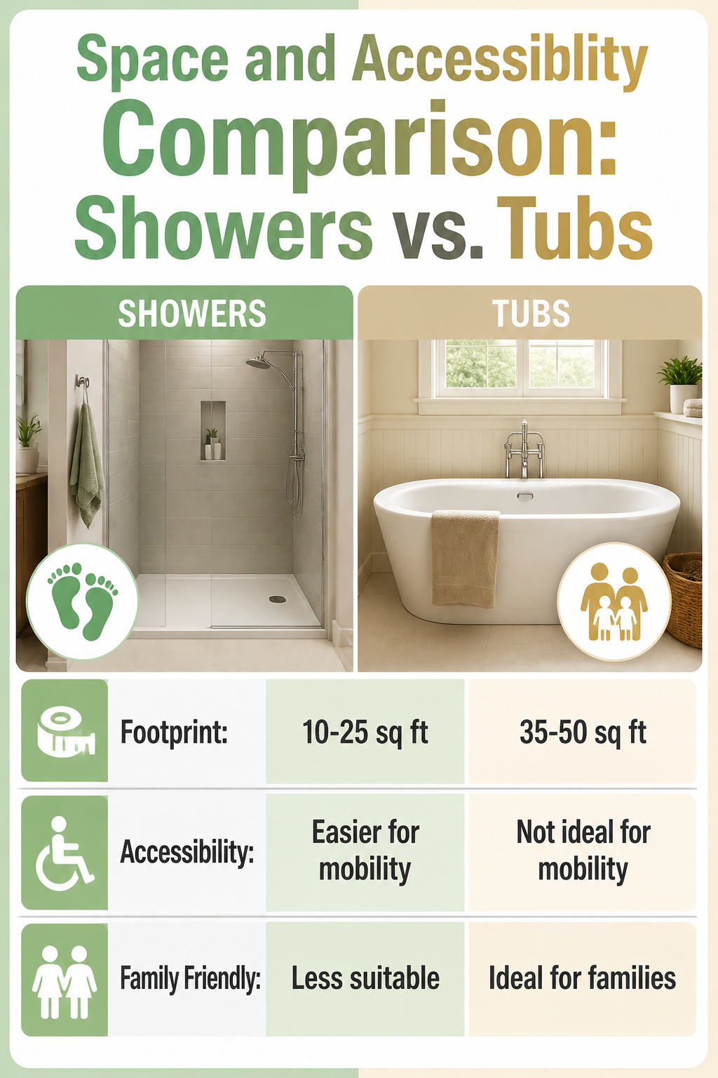 An image comparing space and accessibility for showers and tubs.