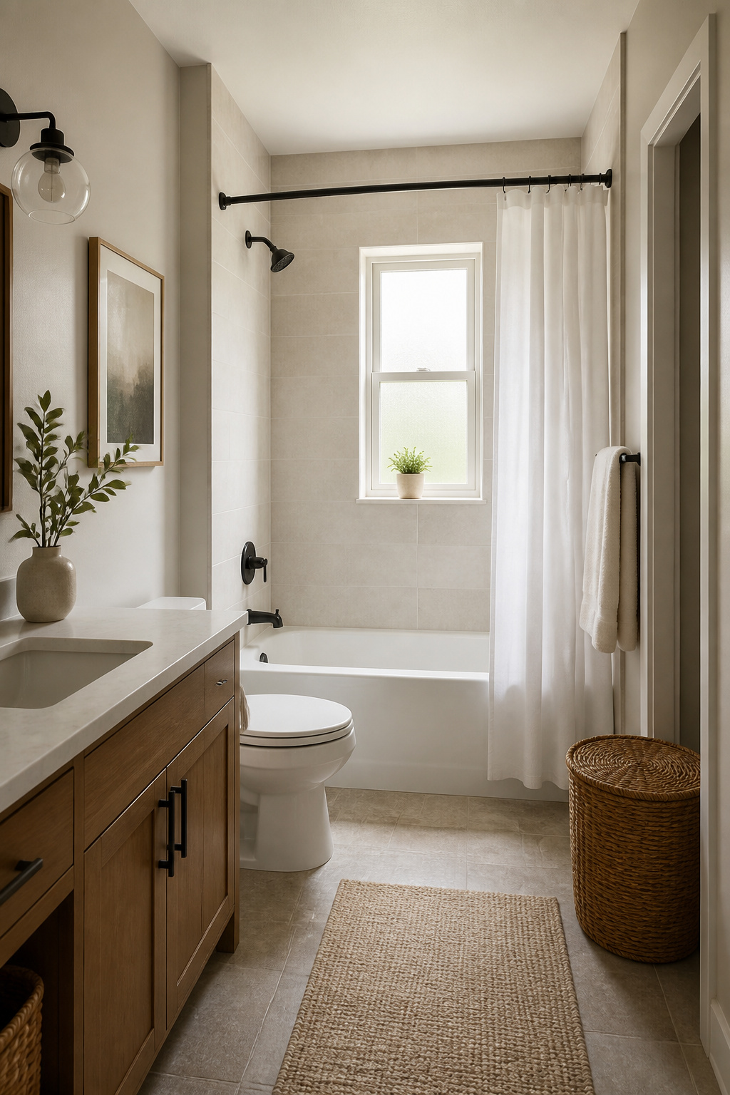 A sleek alcove bathtub fitted between three walls in a small bathroom.