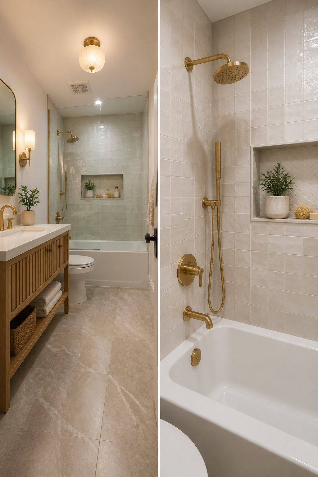Large-format tiles installed in a small bathroom to enhance visual space.