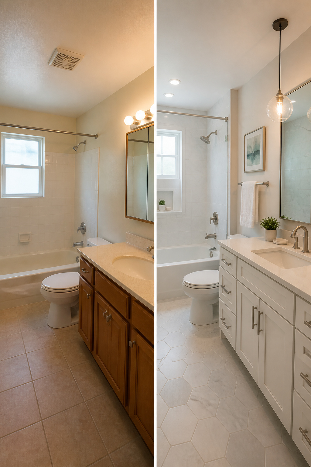 Different lighting fixtures arranged in a small bathroom for effect.
