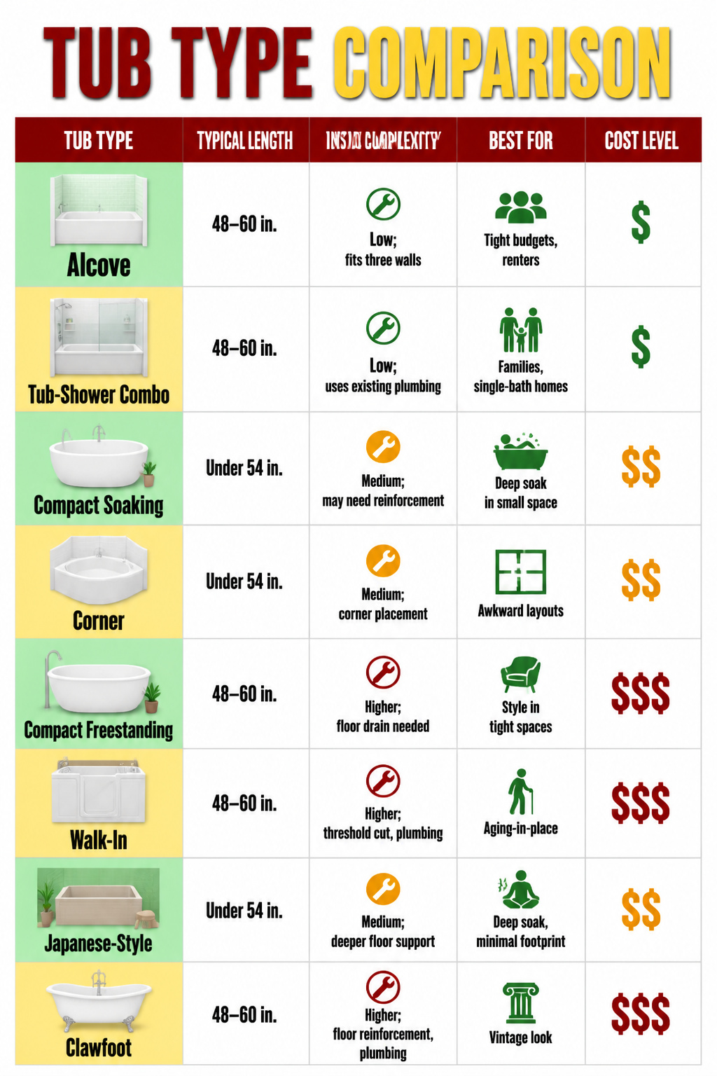 A chart comparing different types of tubs for small bathroom remodels.