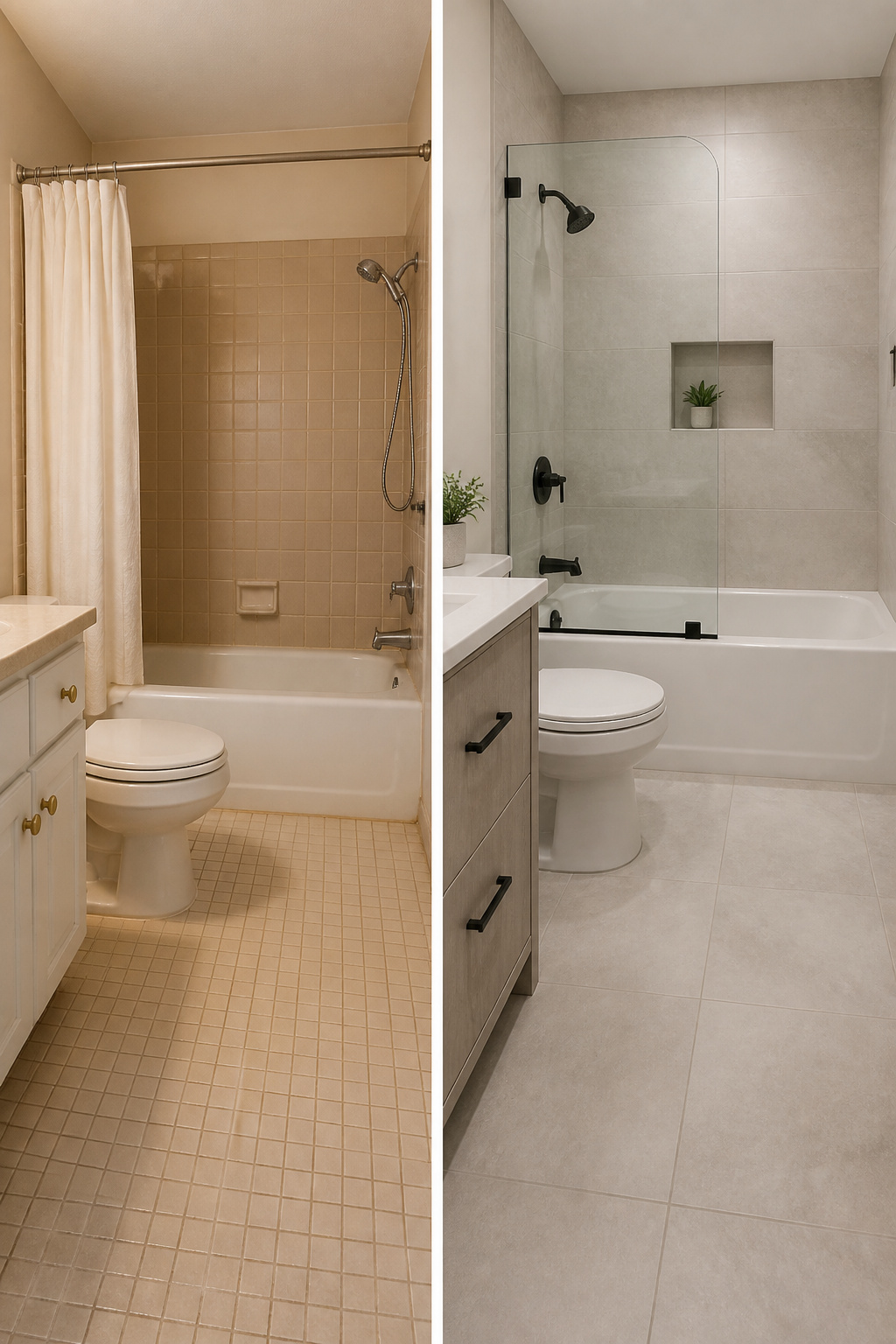 Design ideas featuring large tiles and glass panels in a small bathroom.