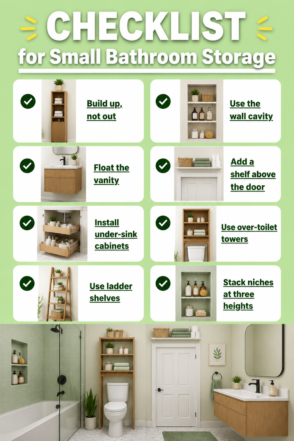 Checklist for effective storage solutions in a small bathroom.