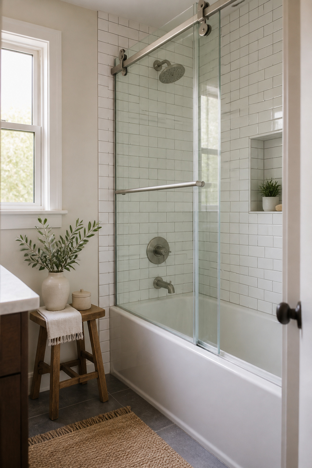 A tub-shower combination with elegant glass door in a small bathroom.