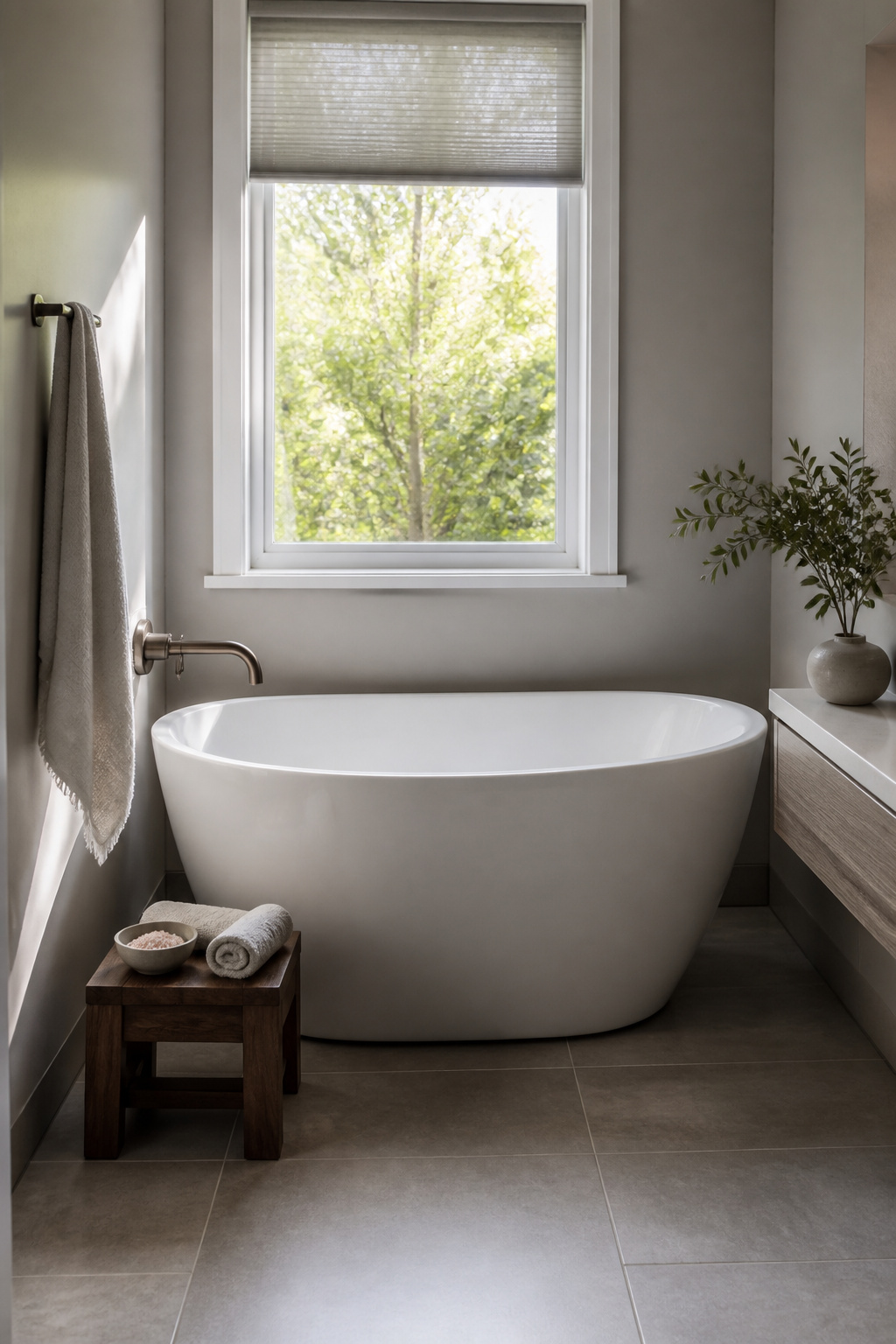A compact soaking tub with a glossy finish in a minimalist setting.