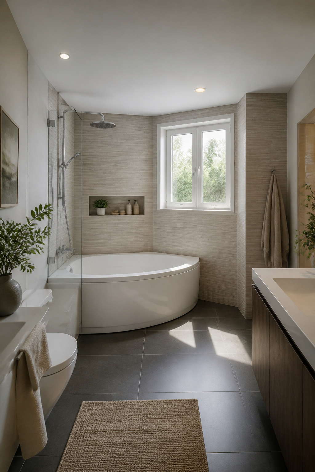 A corner bathtub placed at the angle of two walls in a small bathroom.