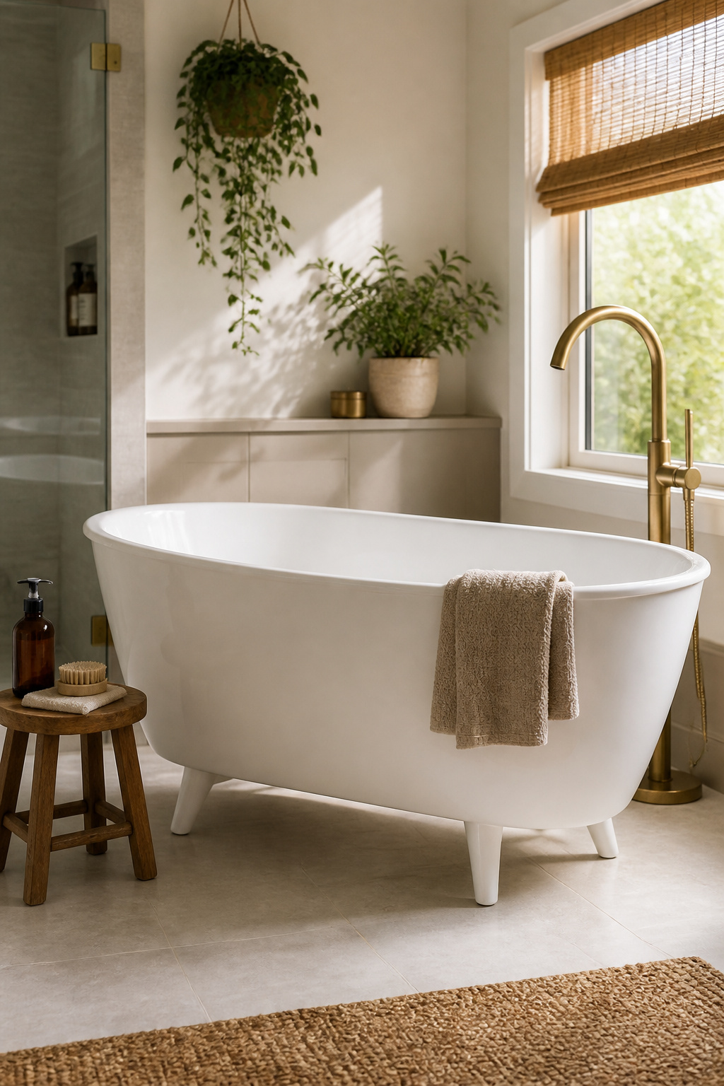 A compact freestanding bathtub positioned in a tight bathroom space.
