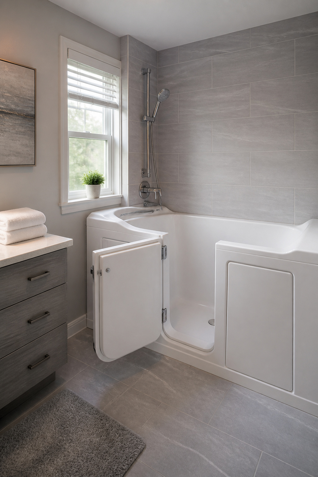 A walk-in bathtub with an outward-swinging door in a stylish bathroom.