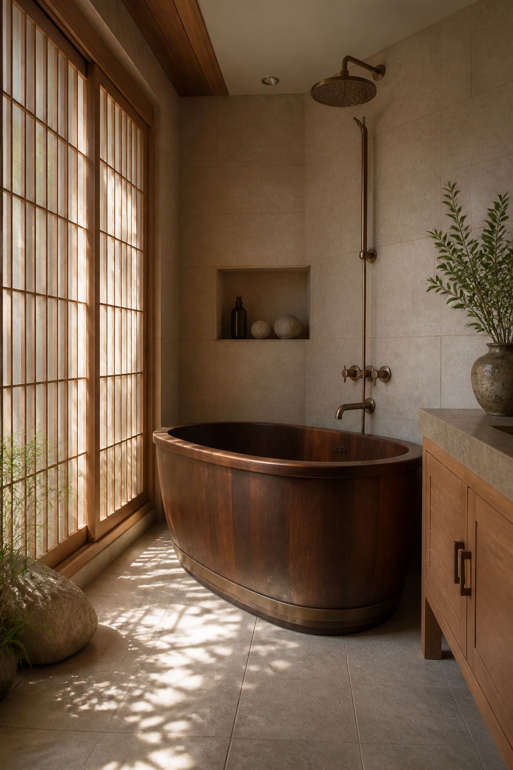 A traditional Japanese-style soaking tub with natural stone accents.