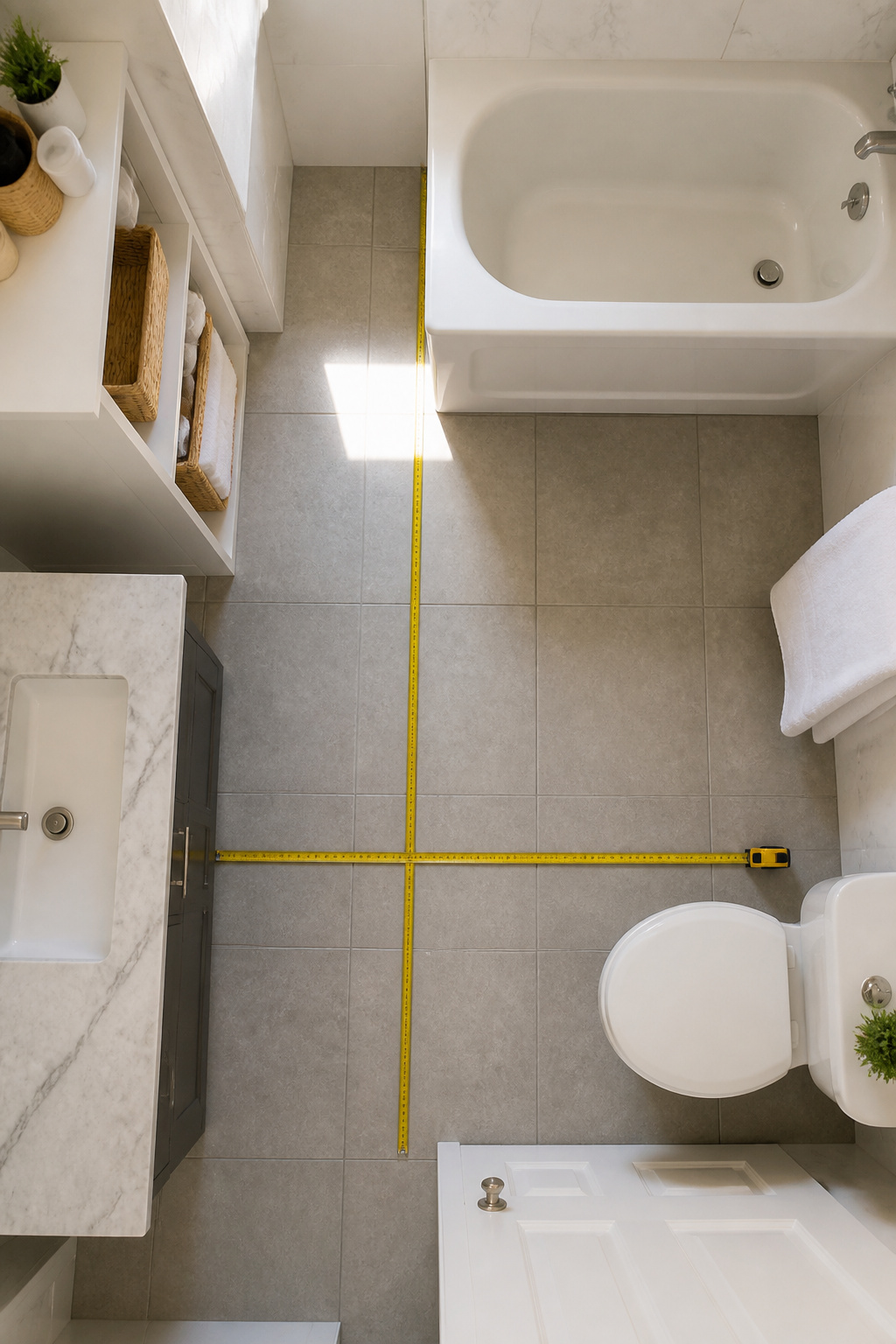 A person measuring a small bathroom for a tub installation.