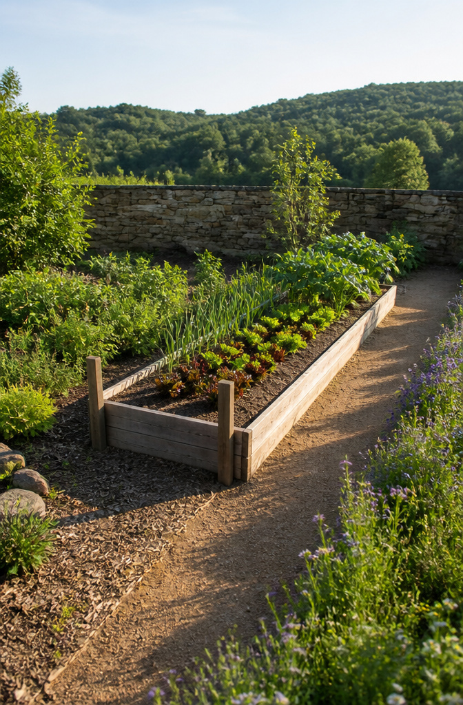 Raised garden beds of different lengths in a garden.