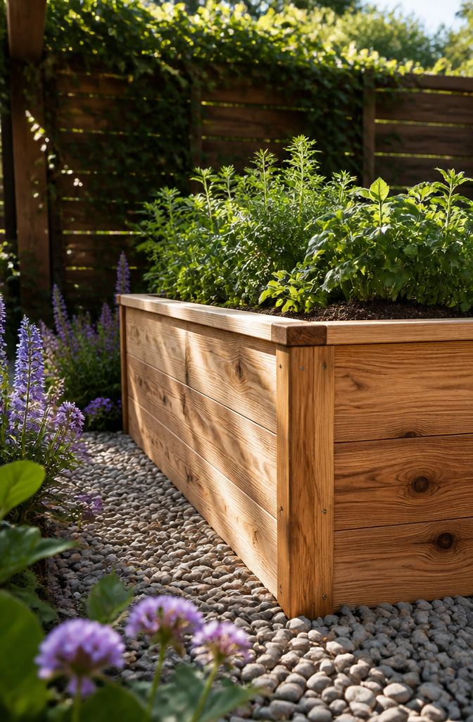 Raised garden bed with a height suitable for vegetable growth.